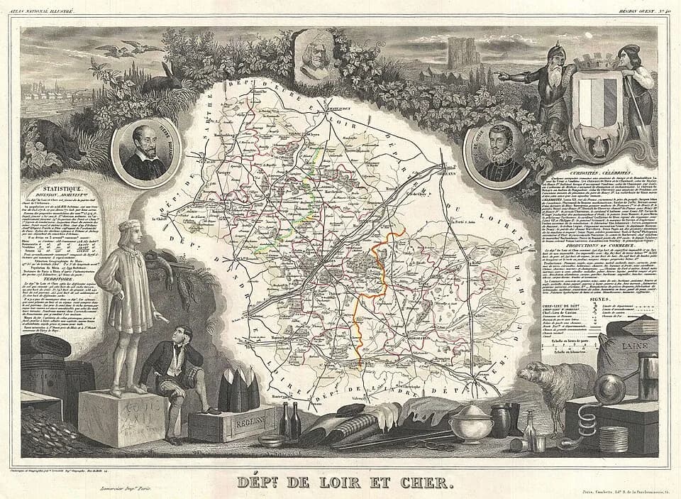 Pierre de Ronsard - This is a fascinating 1852 map of the French department Loir-et-Cher, France.  This area is mainly known for its production of Selles-sur-Cher, a fine goats-milk cheese.  The whole