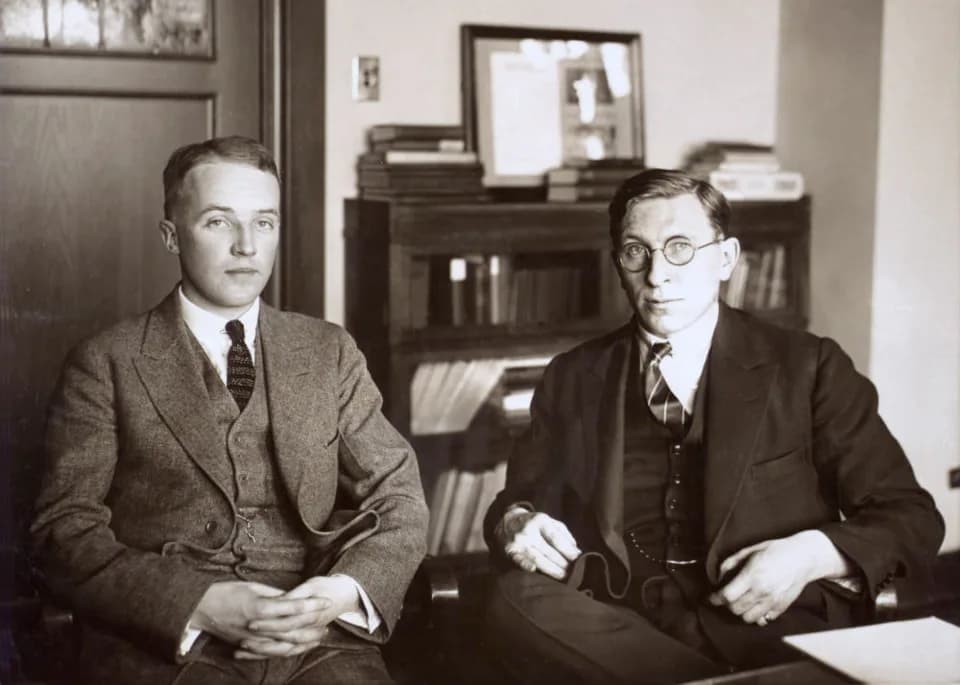 Frederick Banting - Photograph of C. H. Best and F. G. Banting ca. 1924, 20 x 15 cm. (MS. COLL 76 (Banting) Scrapbook 1, Box 3, Page 171) University of Toronto Library
