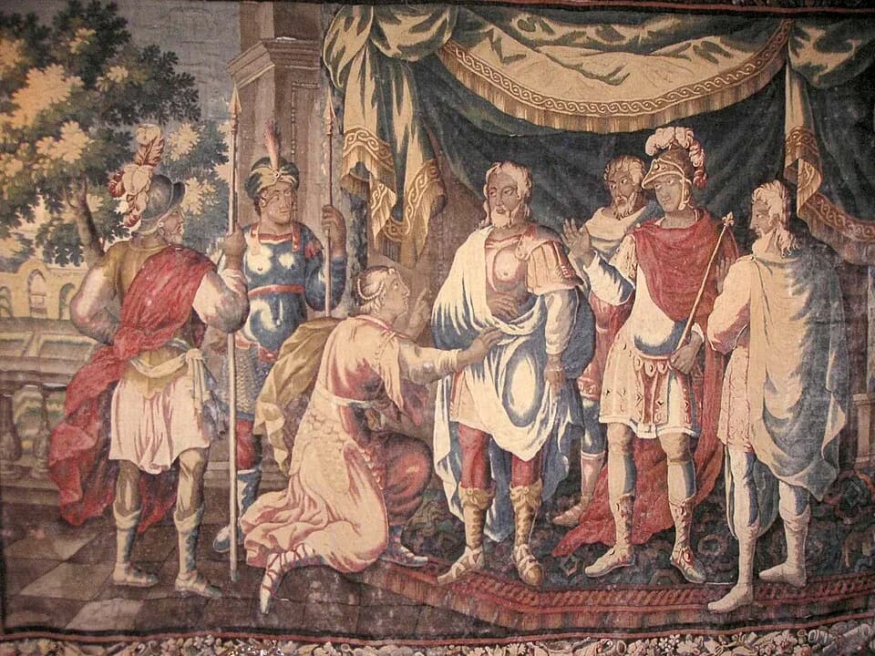 Charles VII of France - Tapestry Jeanne to Chinon, 2.75 x 2.35 m, property of the Centre Jeanne d'Arc, Orleans, (Inv. 76.51.003), exhibited at the Château de Chinon. This tapestry, attributed workshop