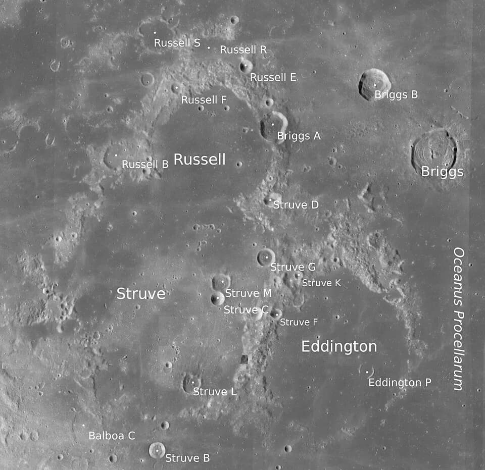 Arthur Eddington - Craters Russell, Struve and Eddington (detail of LRO - WAC global moon mosaic; Mercator projection)