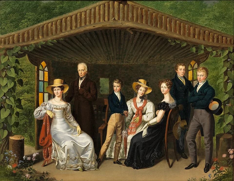Napoleon II - Family portrait of the imperial family around the Duke of Reichstadt (1826, Leopold Fertbauer).  From left to right: Caroline Augusta of Bavaria, Empress of Austria; Francis I, Emperor o