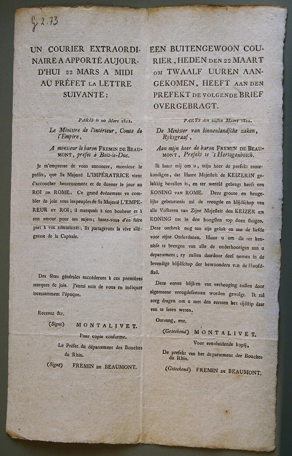 Napoleon II - Birth announcement of Napoleon II