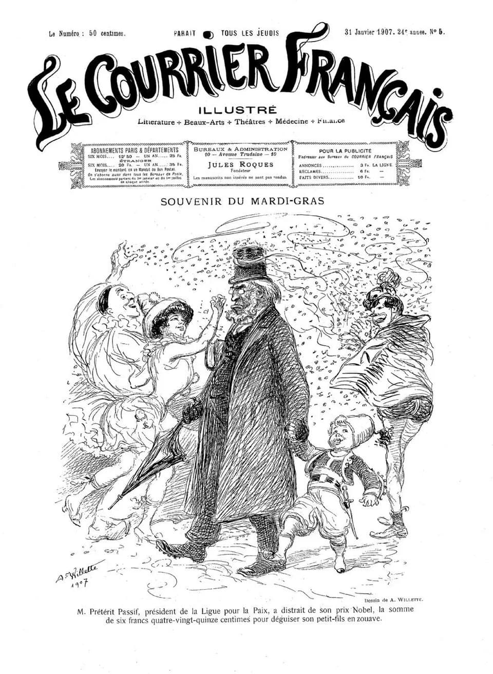 Frédéric Passy - Illustration comique pour le Mardi Gras 1907 à Paris.