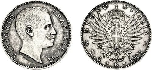 Victor Emmanuel III of Italy - Italy, Kingdom. Vittorio Emanuele III. 1900-1946. 
AR 5 Lire (24.98 g, 6h). Rome mint. Dated 1901. Speranza, sculptor.
VITTORIO EMANUELE III, bare head right, SPERANZA b