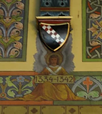 Benedict XII - Kloster Mehrerau, Bregenz, Vorarlberg; Collegiumskapelle; Bildnisse von Päpsten (in den Arkadenzwickeln) und zugehörige Wappen;
Bernhardswappen (Zisterzienserbalken) als Wappen des Pa