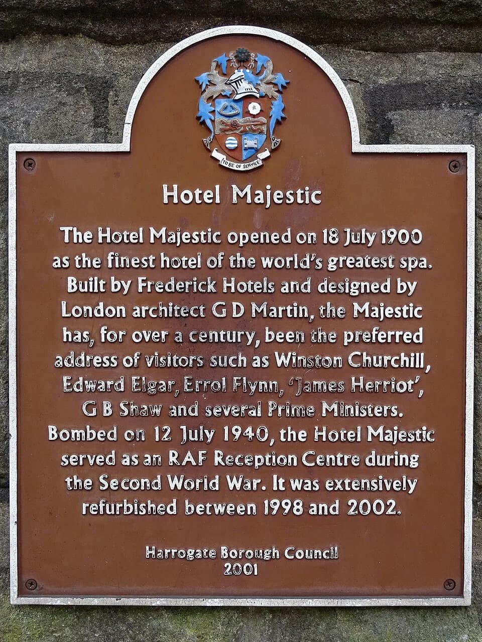 Errol Flynn - Brown plaque erected in 2005 by Harrogate Borough Council at Hotel Majestic, Ripon Road, Harrogate, North Yorkshire HG1 2HU