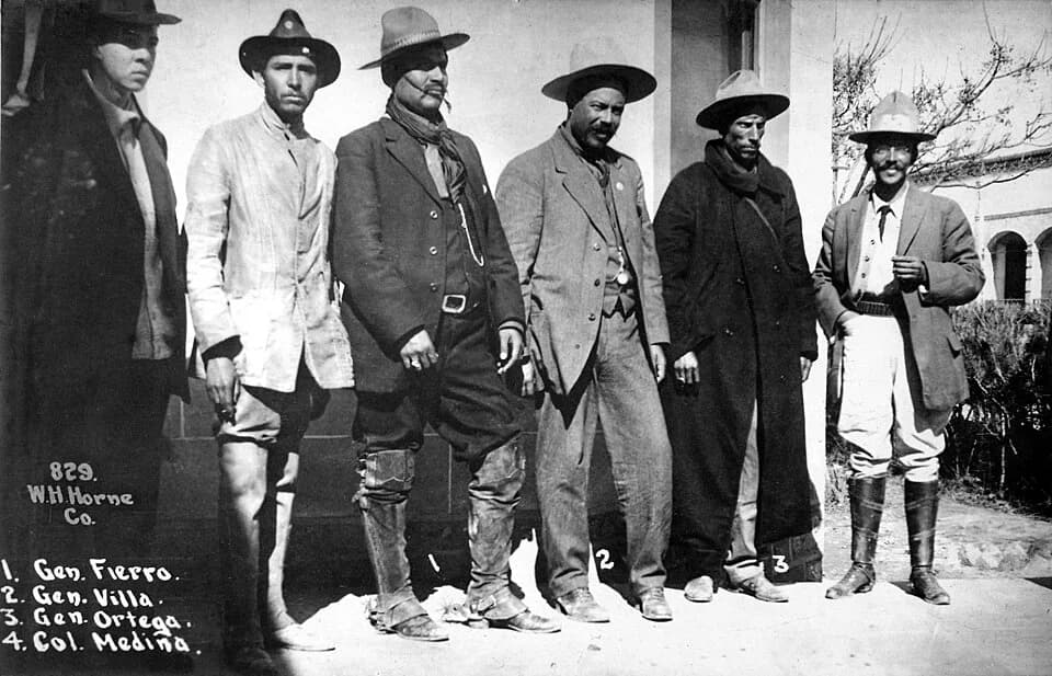 Pancho Villa - The last four men on the righthand side are, from left to right: Mexican revolutionaries General Rodolfo Fierro, Pancho Villa, General Toribio Ortega and Colonel Juan Medina.