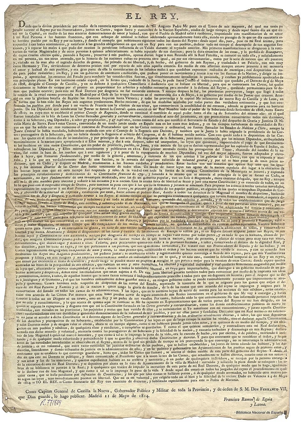 Ferdinand VII of Spain - Texte de la déclaration de nullité de la Constitution de Cadix (1812), connue aussi comme La Pepa