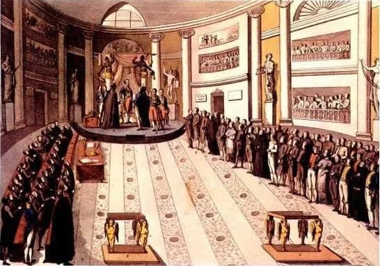 Ferdinand VII of Spain - Oath of the Constitution of C.E.1812 by Ferdinand VII of Spain in the inaugural session of the Cortes of the Liberal Triennium on July 9, C.E.1820 (Madrid, in palace of Mary o