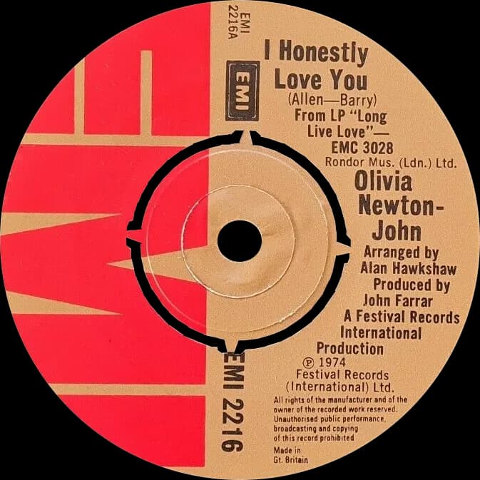 Olivia Newton-John - "I Honestly Love You" by Olivia Newton-John; side-A label of the UK single release