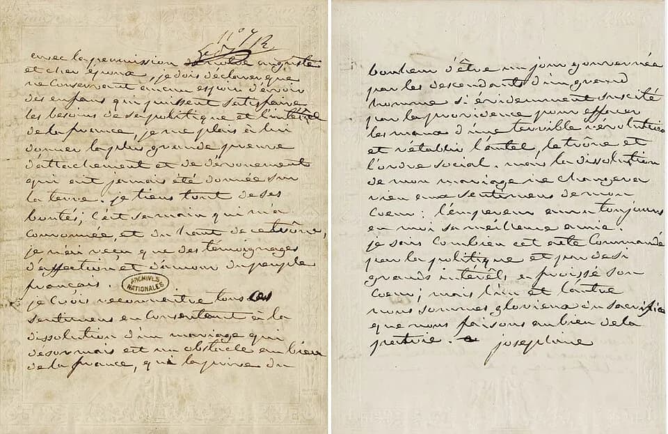 Joséphine de Beauharnais - Originale de la lettre de l'impératrice Joséphine en date du 15 décembre 1809, par laquelle elle consent à la dissolution de son mariage.