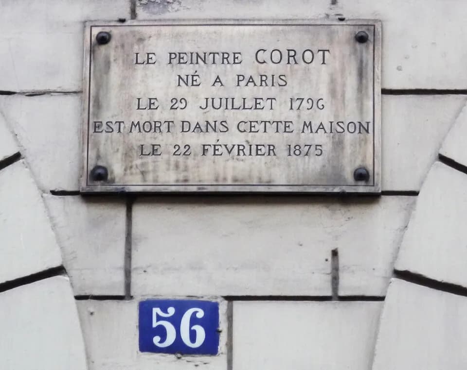 Jean-Baptiste Camille Corot - Photo of plaque at the home of Camille Corot (1796-1875), French painter, commemorating where he died 22 February 1875; address: 56, rue du Faubourg-Poissionnière, Paris,