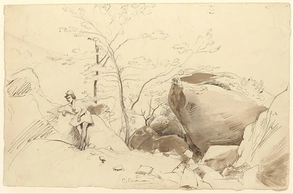 Jean-Baptiste Camille Corot - Jean-Baptiste-Camille Corot - Fontainebleau, Figure Leaning Against a Rock - Google Art Project.jpg