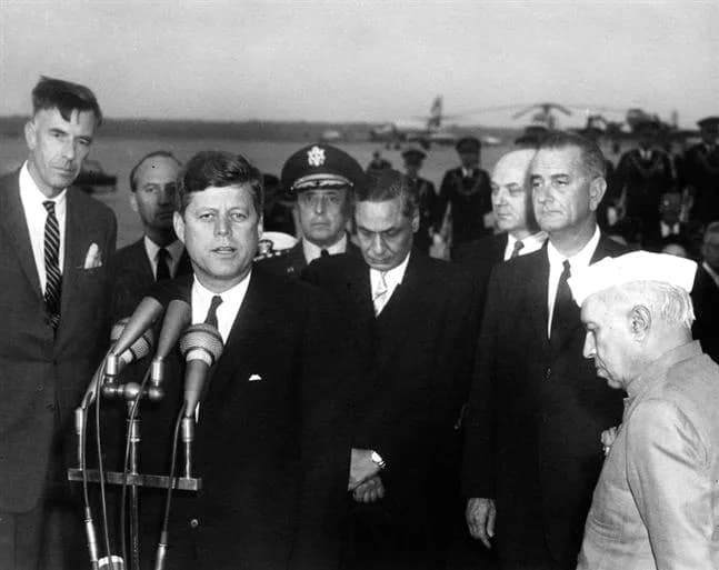 John Kenneth Galbraith - Arrival ceremonies for Prime Minister of India. L-R: John K. Galbraith, U. S. Ambassador to India; Angier Biddle Duke, U. S. Chief of Protocol; President Kennedy; General Lyma
