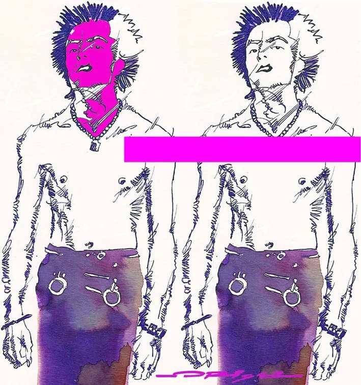 Sid Vicious - Sid Vicious, portrait by Graziano Origa, "Sid Twice", original 20x30, pen&amp;ink+ecoline+pantoneletraset, blu+purple, 2008
