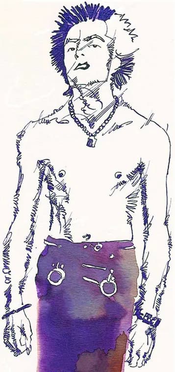 Sid Vicious - Sid Vicious, portrait by Graziano Origa, "Sid Twice", original 20x30, pen&amp;ink+ecoline+pantoneletraset, blu+purple, 2008