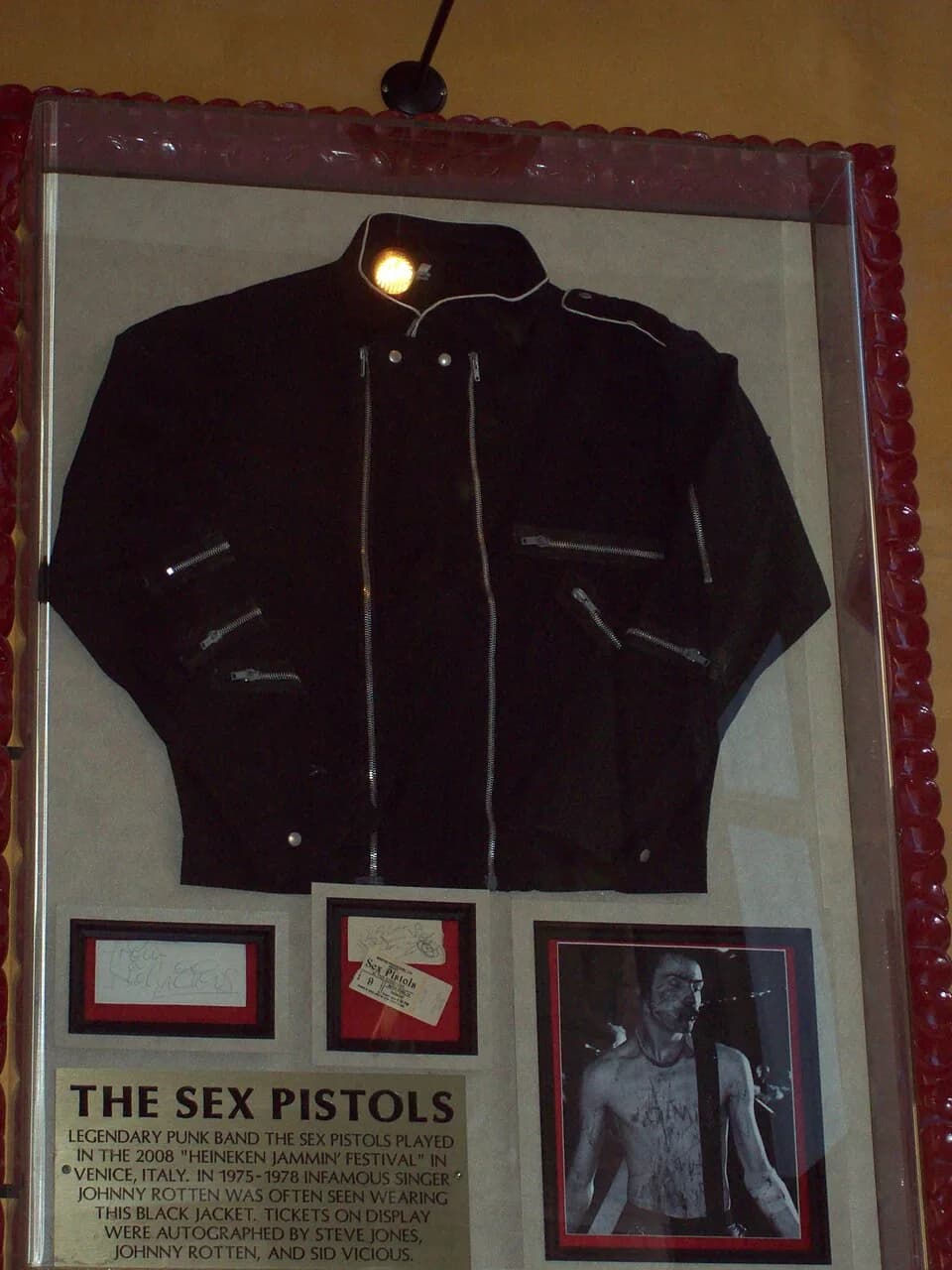 Sid Vicious - A Sid Vicious Johnny Rotten's Jacket,
along with tickets autographed by Steve Jones, Johnny Rotten, and Sid Vicious