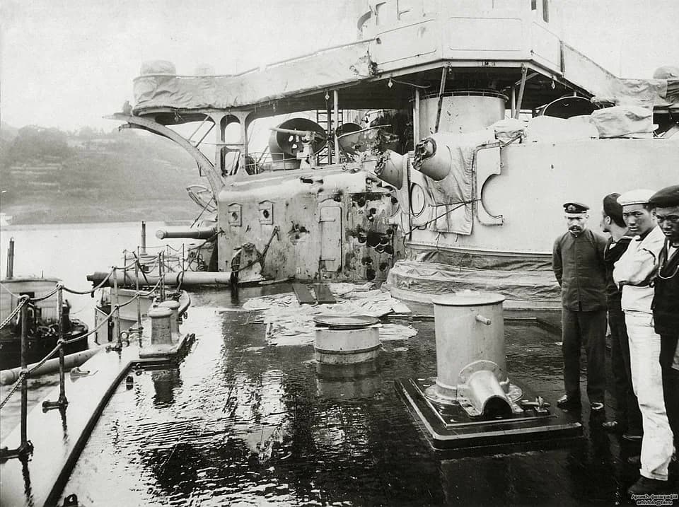 Isoroku Yamamoto - Photo of damage to Japanese armored cruiser Nisshin after one of its guns burst during the Battle of Tsushima in May 1905. The explosion injured future Admiral Isoroku Yamamoto.
