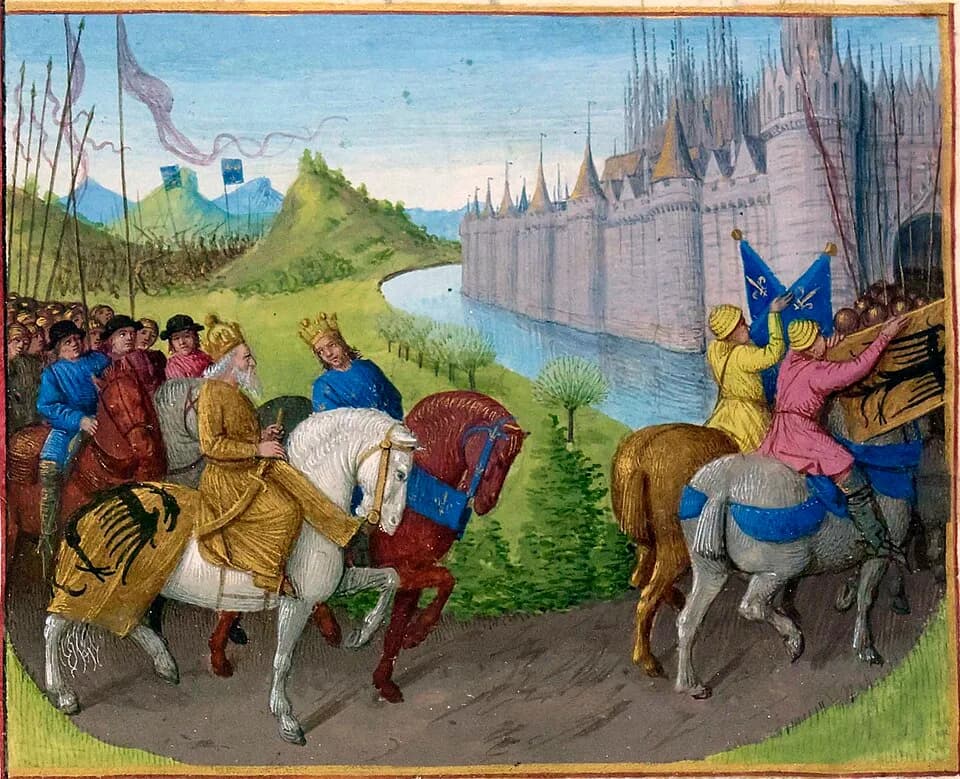 Louis VII of France - Arrivée des croisés à Constantinople. Bataille entre Français et Turcs en 1147 et 1148 Grandes Chroniques de France, enluminées par Jean Fouquet, Tours, vers 1455-1460 Paris, BnF