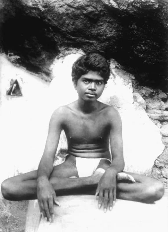 Ramana Maharshi - The earliest known photo of the Indian sage Bhagavan Sri Ramana Maharshi. Taken in 1902, the photo shows Ramana Maharshi aged twenty-two on Arunachala hill, Tiruvannamalai, South Ind