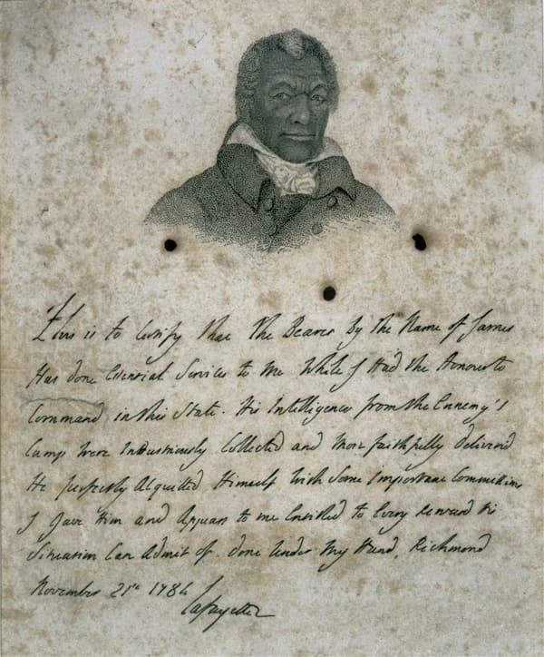 Gilbert du Motier, Marquis de Lafayette - Engraving of James Armistead Lafayette, based on a portrait painted by John B. Martin, with a facsimile of the Marquis de Lafayette's certificate recording th