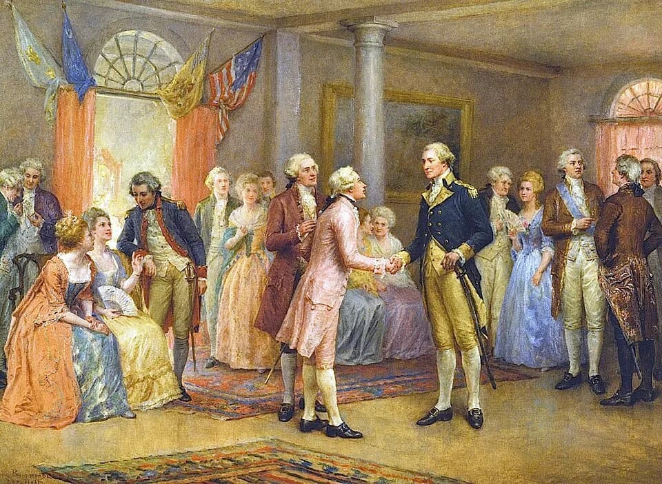 Gilbert du Motier, Marquis de Lafayette - Jennie Augusta Brownscombe, Washington Greeting Lafayette at Mount Vernon, oil painting, early 20th-century, Lafayette College, Easton, Pennsylvania