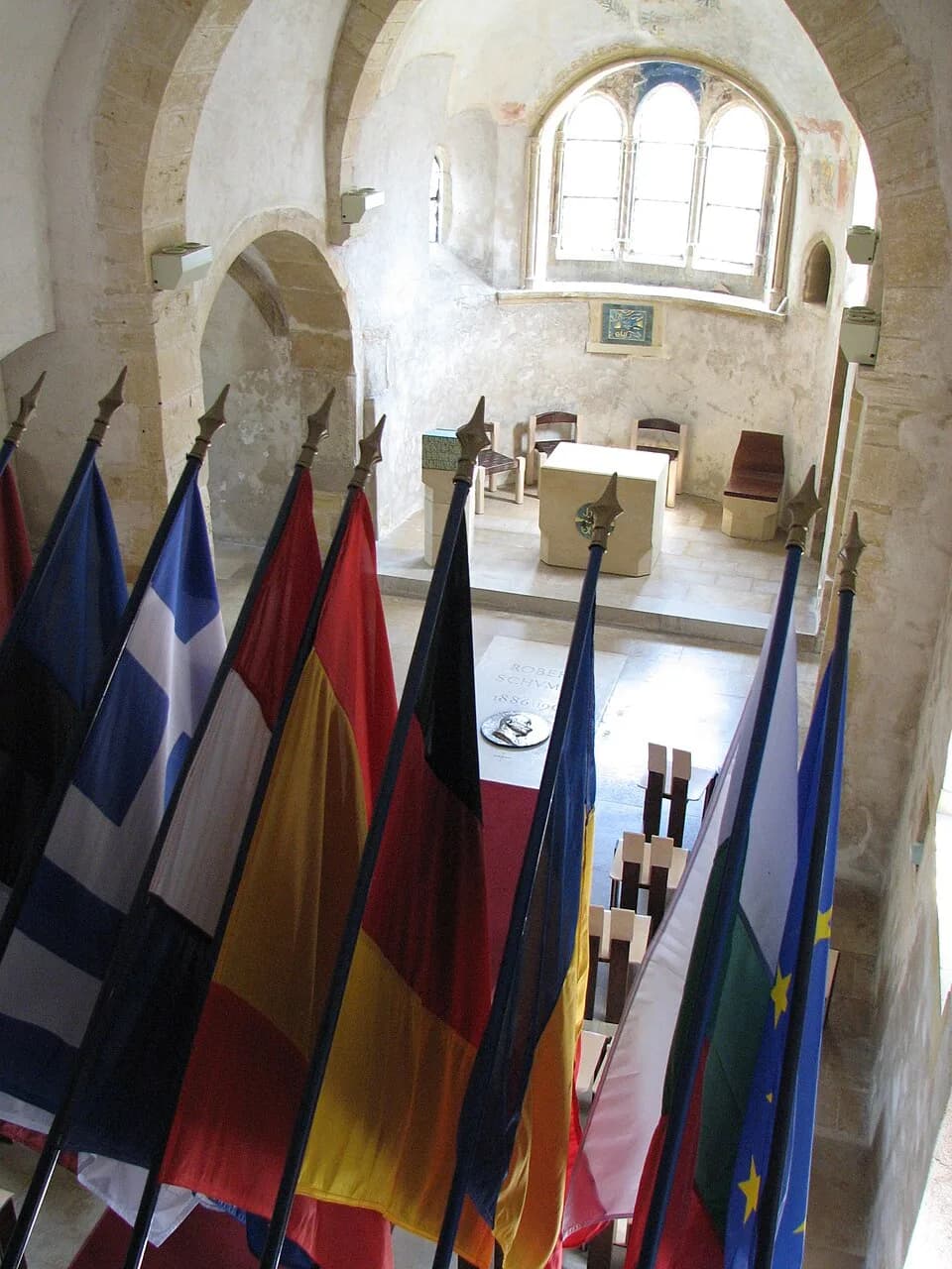 Robert Schuman - St. Quentin church (Scy-Chazelles, near the city of Metz, in France) with Robert Schuman grave and flags of the European Union countries.