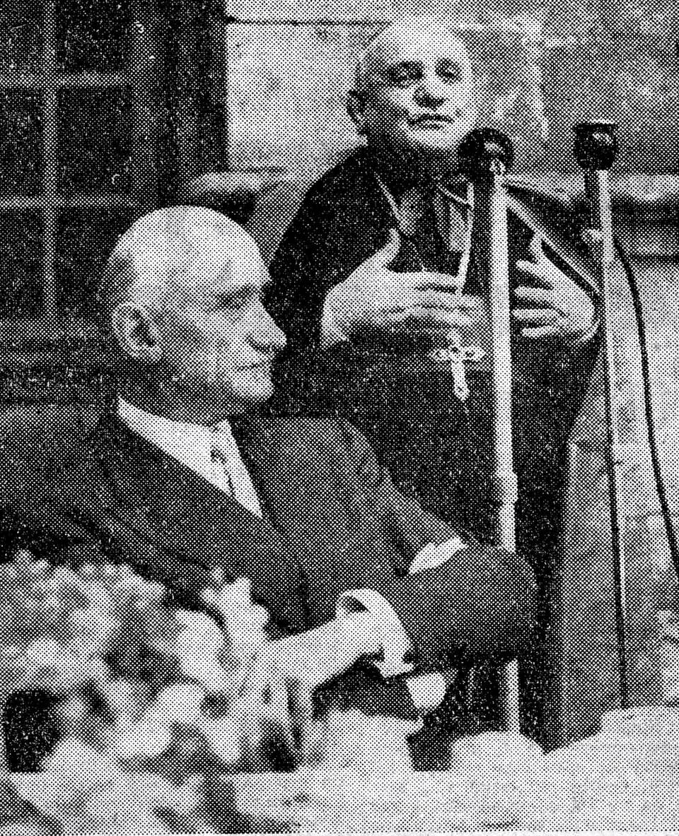 Robert Schuman - French Minister for Foreign Affairs Robert Schuman listening to Nunce Angelo Roncalli (later Pope John XXIII) at Luxeuil in July 1950.
