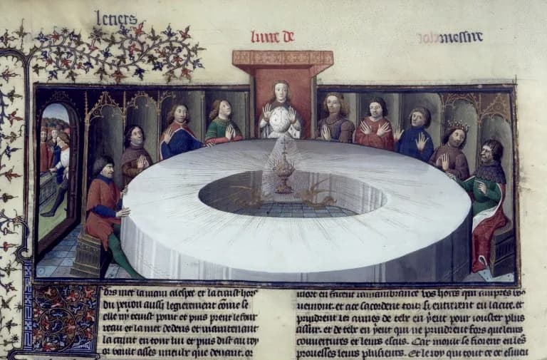 Chrétien de Troyes - King Arthur's knights, gathered at the Round Table to celebrate the Pentecost, see a vision of the Holy Grail. The Grail appears as a veiled ciborium, made of gold and decorated w