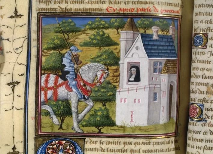 Chrétien de Troyes - Perceval à la Recluserie
Bibliothèque Nationale de France
BNF Richelieu Manuscrits Français 111,  Fol. 244v

Quête du saint Graal, France, Poitiers, XVe siècle
