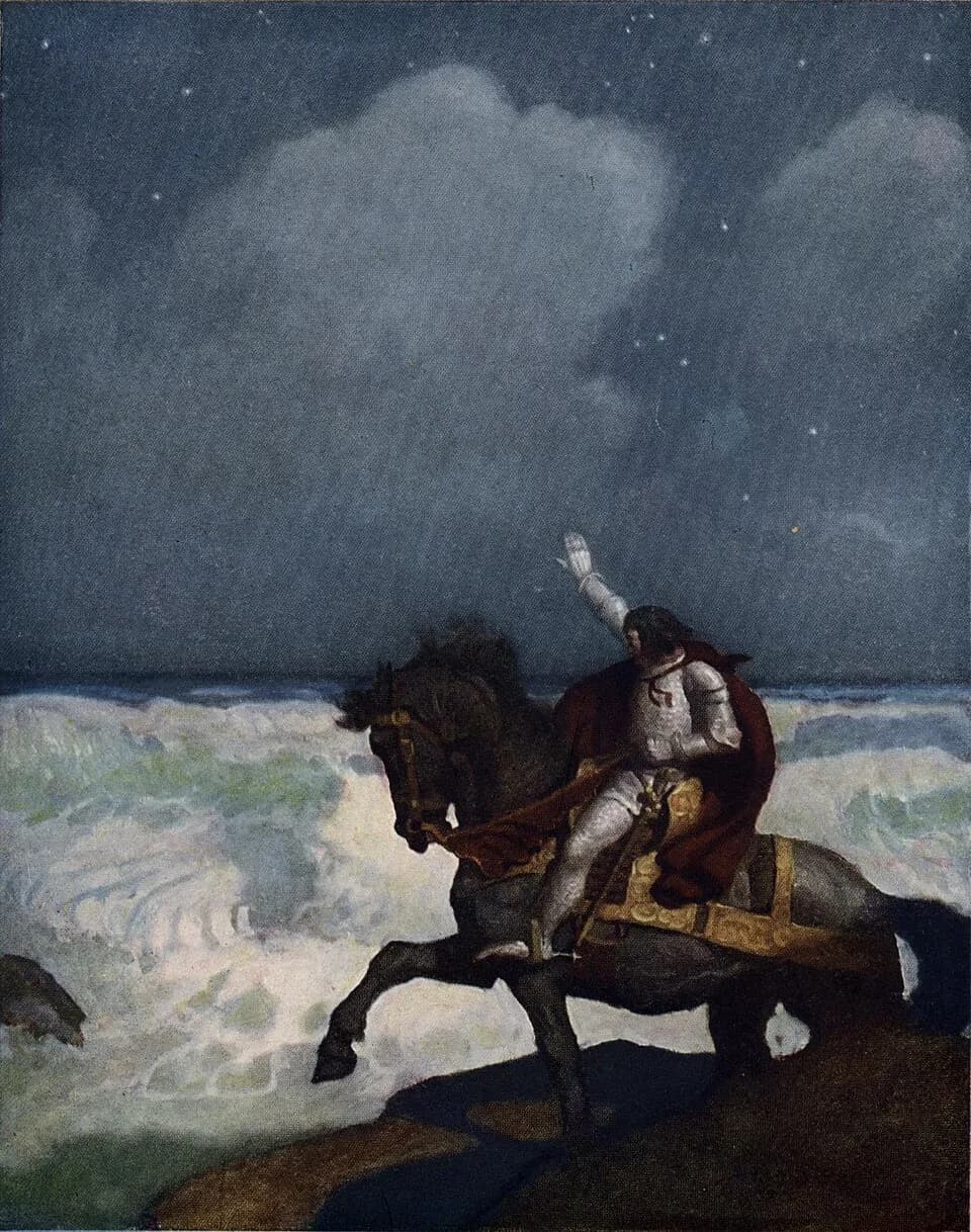Chrétien de Troyes - Illustration from page 214 of The Boy's King Arthur: "When Sir Percival came nigh unto the brim, and saw the water so boisterous, he doubted to overpass it."