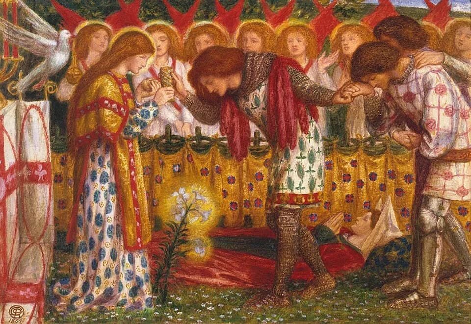 Chrétien de Troyes - Dante Gabriel Rossetti - How Sir Galahad, Sir Bors and Sir Percival Were Fed with the Sanct Grael.jpg