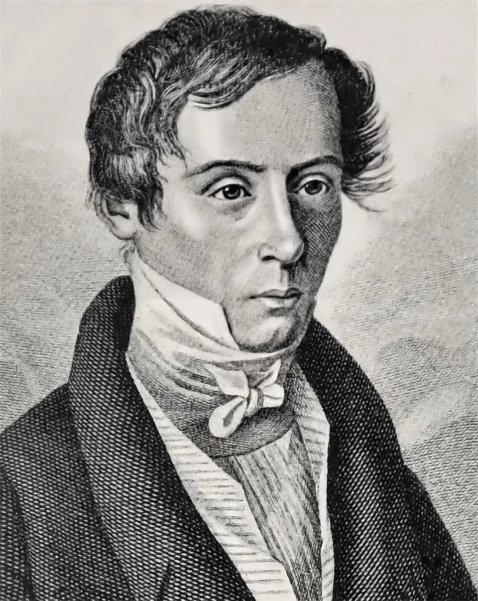 Augustin-Jean Fresnel - Portrait of Augustin-Jean Fresnel, c. 1825, photo-mechanical copy of engraving by E Rosette after a painting by A Tardieu, copied from Plate II, Light and Colour, by RA Houstou