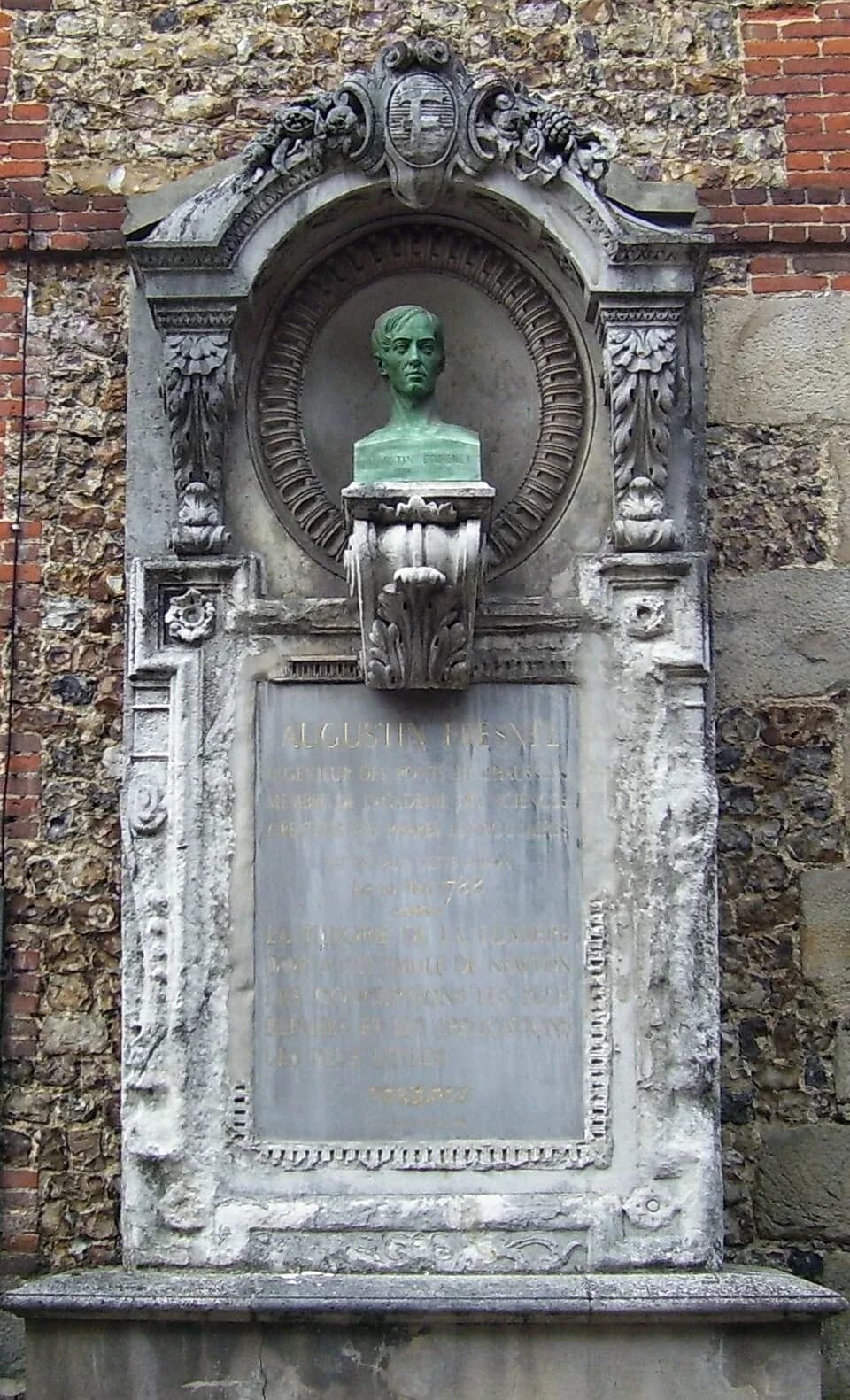 Augustin-Jean Fresnel - Bust of Augustin Fresnel (1788-1827) in Broglie, département Eure in France. He was a physicist and inventor of the Fresnel lens.