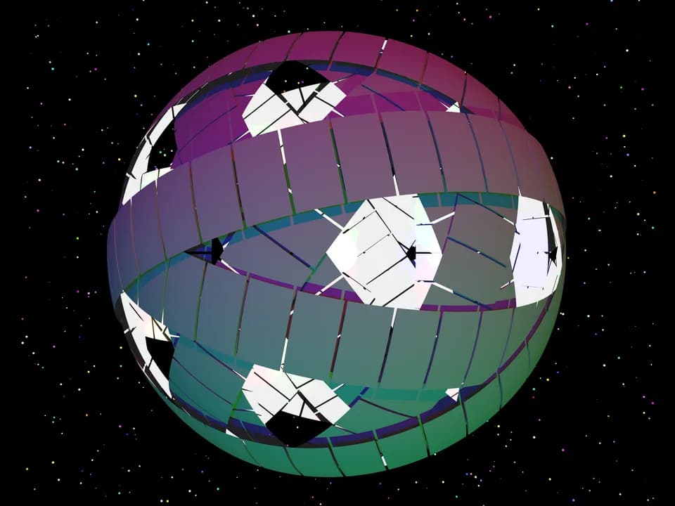 Freeman Dyson - Dyson rings forming a stable Dyson swarm, but making it look as similar to a Dyson sphere and Niven ring as possible. Individual objects are unrealistically large to show their shape.