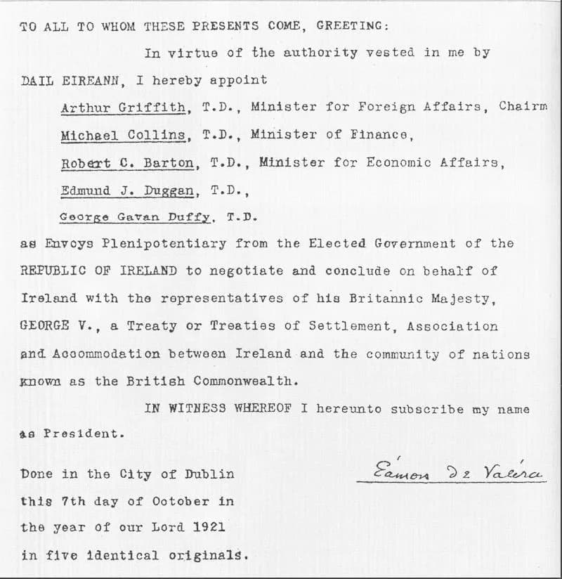 Éamon de Valera - Letter appointing Irish plenipotentiaries in 1922 by President de Valera