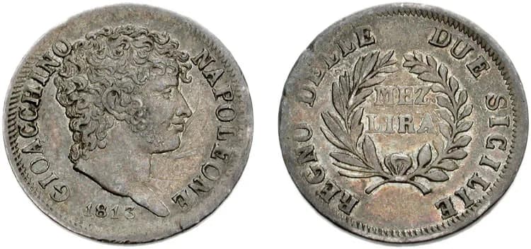 Joachim Murat - Italy, Neapolitan Republic. Gioacchino Napoleone (Joachim Murat). 1808-1815.
AR Mezza Lira (1/2 lira) (18mm, 2.51 g, 9h). Dated 1813.
Bare head right; 1813 below
MEZ/LIRA in two line