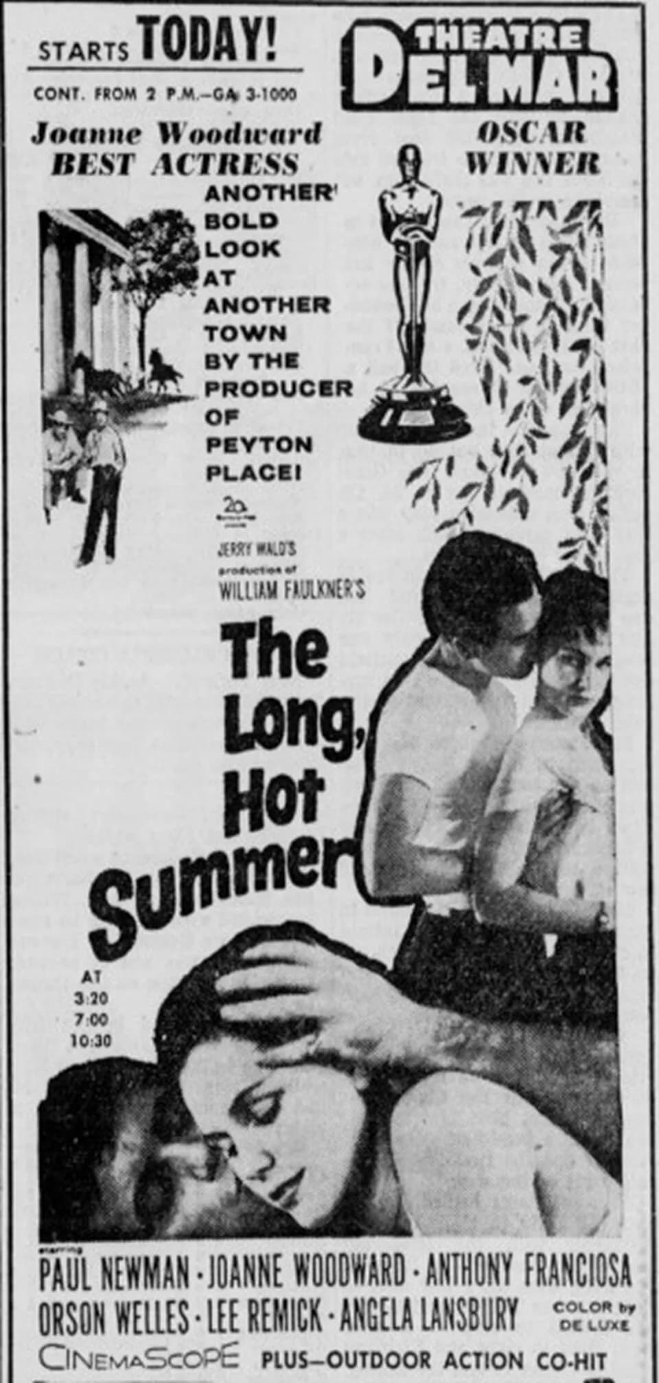 Angela Lansbury - Del Mar theater advertisement for the American drama film The Long, Hot Summer (1958). 16 April 1958.