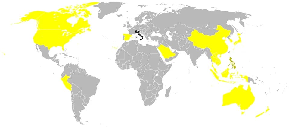 Benigno Aquino III - Countries in yellow attended by the head of state/government and black attended by international organizations.