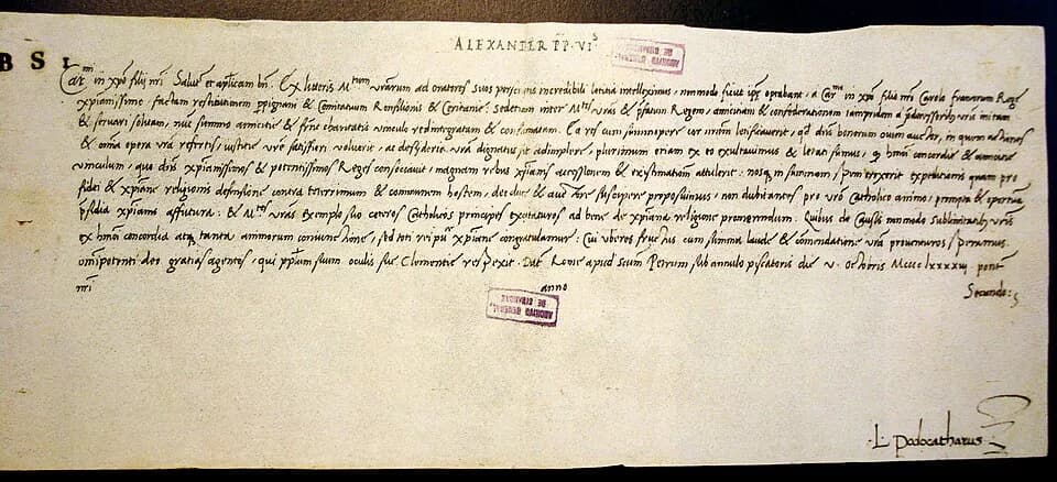 Charles VIII of France - Breve del papa Alejandro VI complaciéndose de la firma del tratado de paz entre el rey Carlos de Francia y los Reyes Católicos. Conservado en el Archivo General de Simancas (E