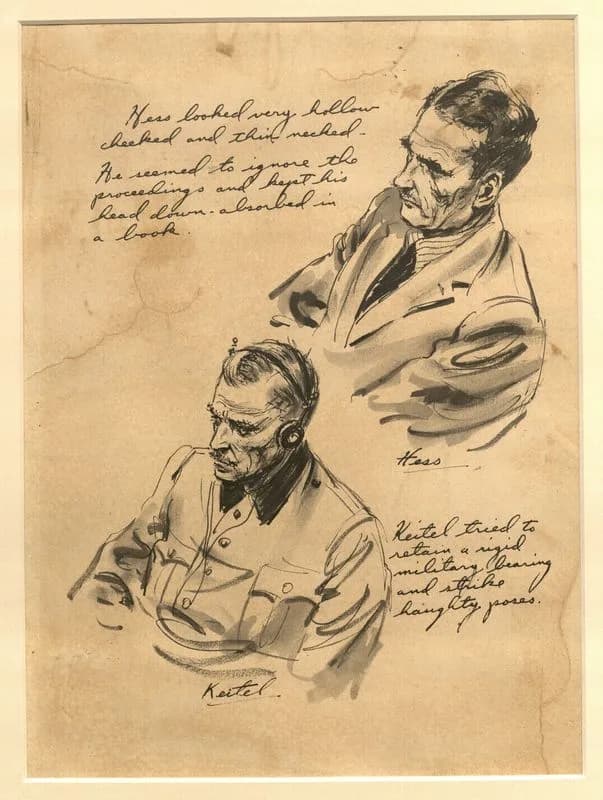 Wilhelm Keitel - Courtroom portraits of Rudolph Hess and Wilhelm Keitel created during the Trial of German Major War Criminals at Nuremberg