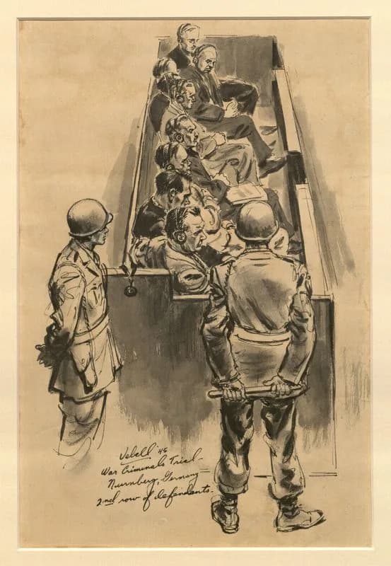 Wilhelm Keitel - Drawing of a group of German defendants (including Goering, Hess, von Ribbentrop, and Keitel ) in their seats created during the Trial of German Major War Criminals at Nuremberg