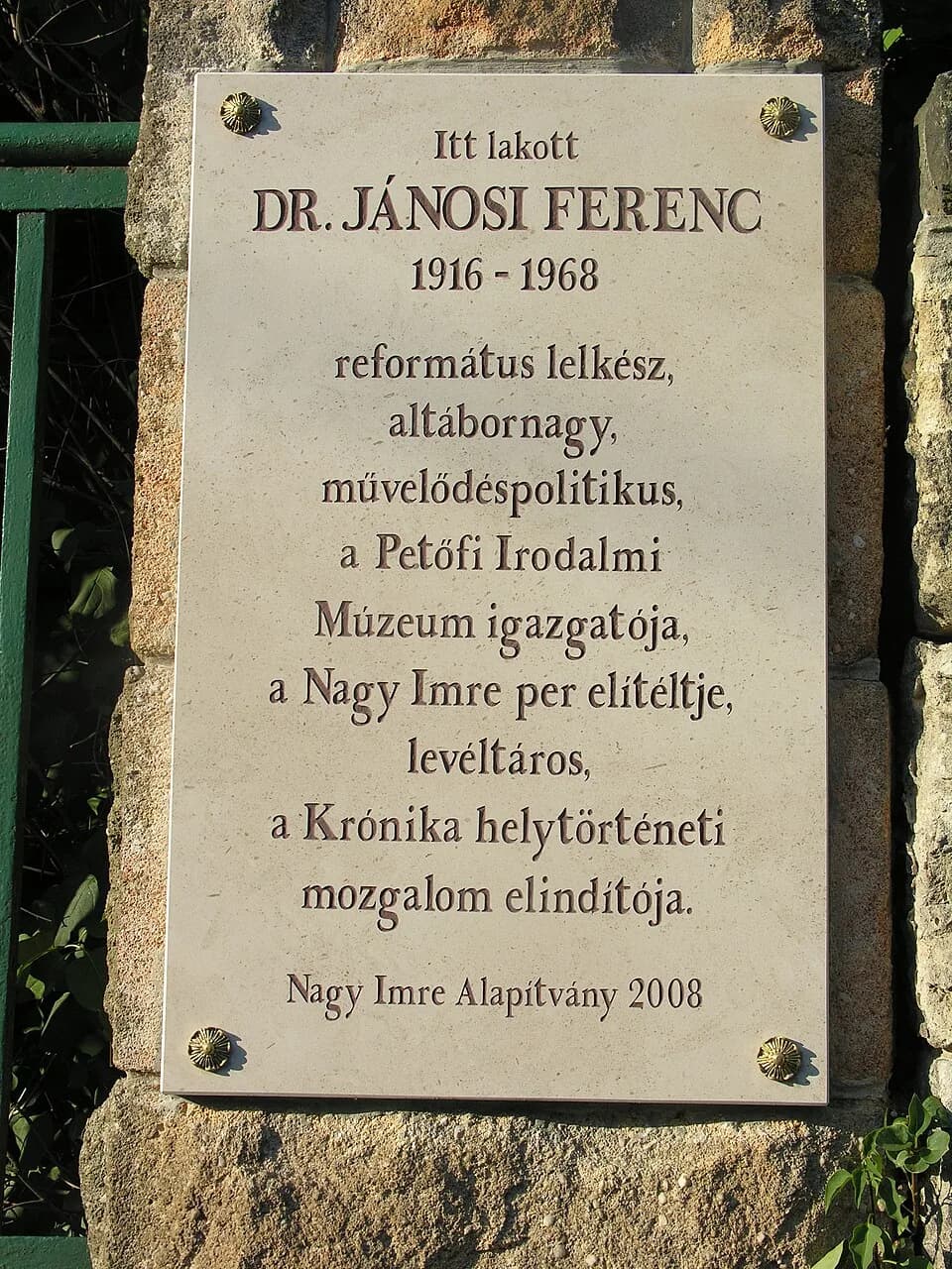 Imre Nagy - Commemorative plaque of Ferenc Jánosi in Budapest District II, Orsó Street No 43
