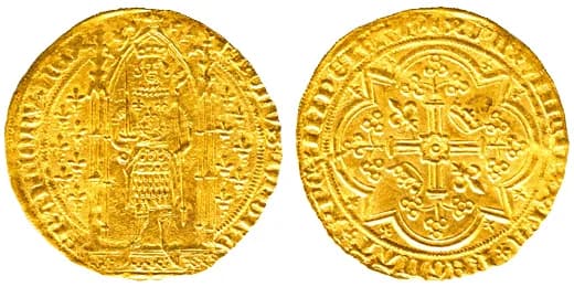 Charles V of France - Franc à pied;Charles est représenté à pied avec un sceptre et une epée