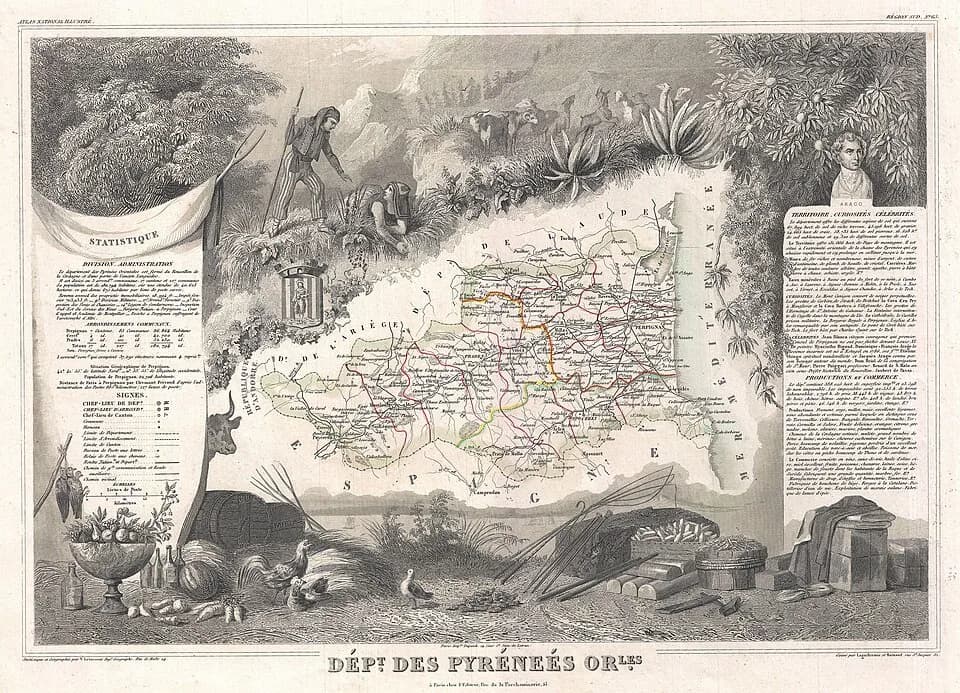 François Arago - This is a fascinating 1852 map of the French department of Pyrenees Orientales, France.  This area is well-known wine producing region.  A wide variety of wines come out of this regio