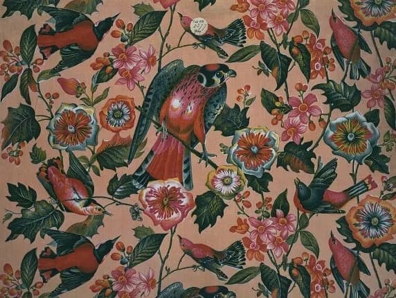 John James Audubon - Furnishing fabric produced in Lancashire in 1830s. Roller printed cotton. The design is closely based on several plates from The Birds of America by John James Audubon. Now in Vic