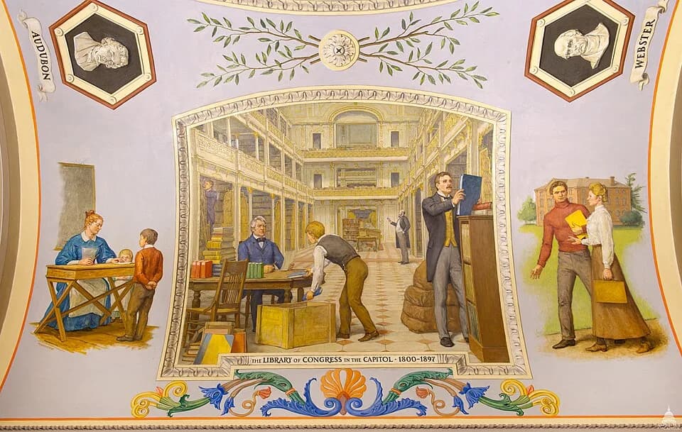 John James Audubon - Allyn Cox
Oil on Canvas
1973-1974
Great Experiment Hall
Cox Corridors
In 1783 Representative James Madison introduced a resolution to create a library that would give the Congress