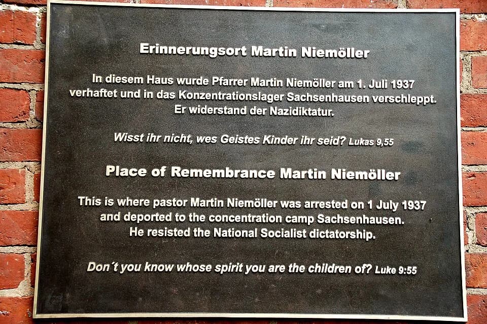 Martin Niemöller - image: RemembranceMartinNiemoeller.Berlin-Dahlem, Image: image produced by Berkan, 2007, picture shows “RemembranceMartinNiemoeller”, Berlin-Dahlem, Germany/Source= created by User
