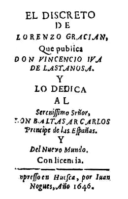 Baltasar Gracián - Portada de la edición príncipe del El discreto (1646), de Baltasar Gracián