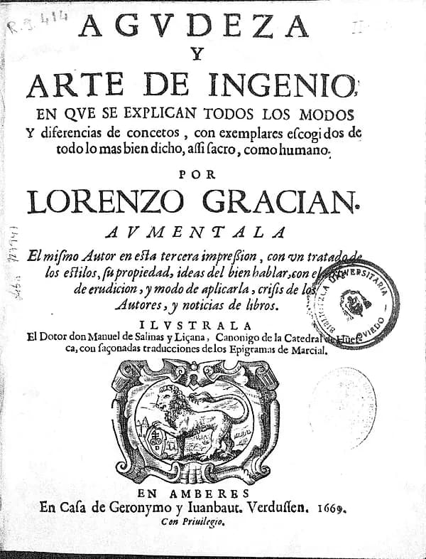 Baltasar Gracián - Portada de la “Agudeza y arte de ingenio”, de Baltasar Gracián (Amberes, Verdussen, 1669)